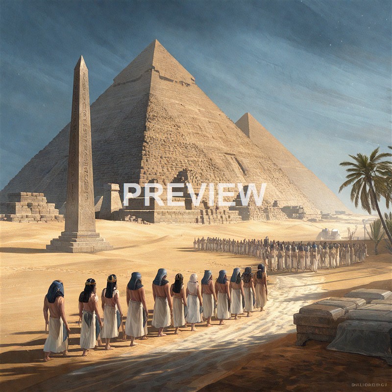 A large group of ancient Egyptian people dressed in traditional attire are walking in a procession towards the Great Pyramid of Giza, with an obelisk and palm trees in the background under a clear sky.